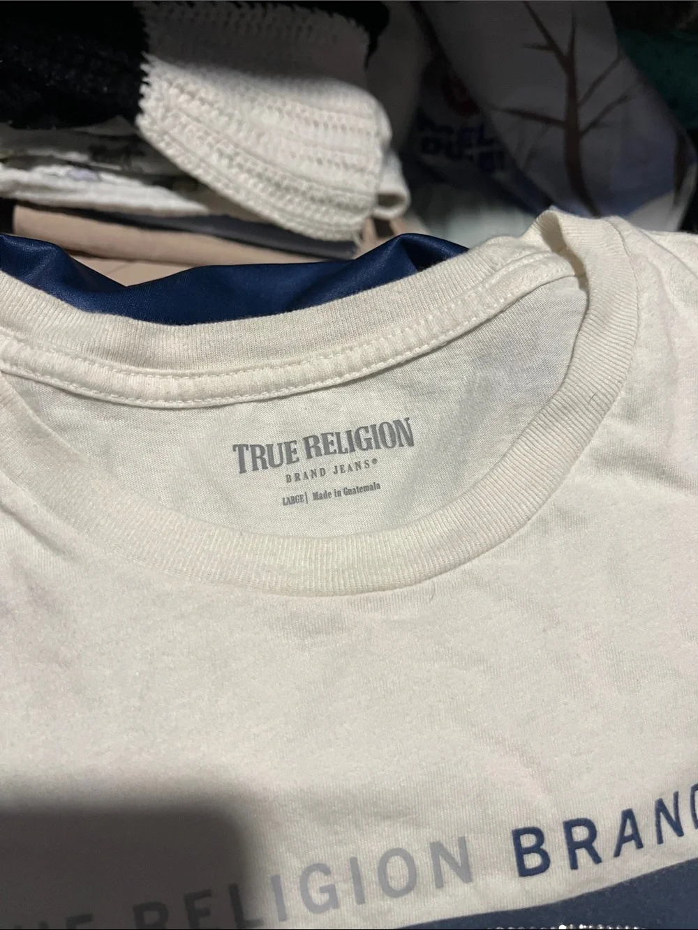 True Religion White Tee with Navy Globe Logo